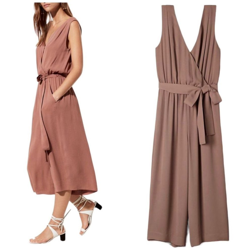 Aritzia Babaton Maximillian Wide Leg V-Neck Culotte Jumpsuit in Taupe - Picture 1 of 12